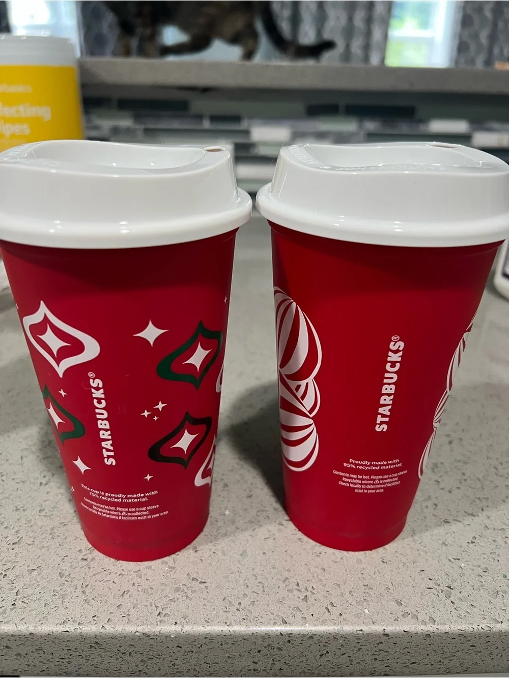 Starbucks Red Holiday Travel Cups with White Lids and Green Logo (Pair)